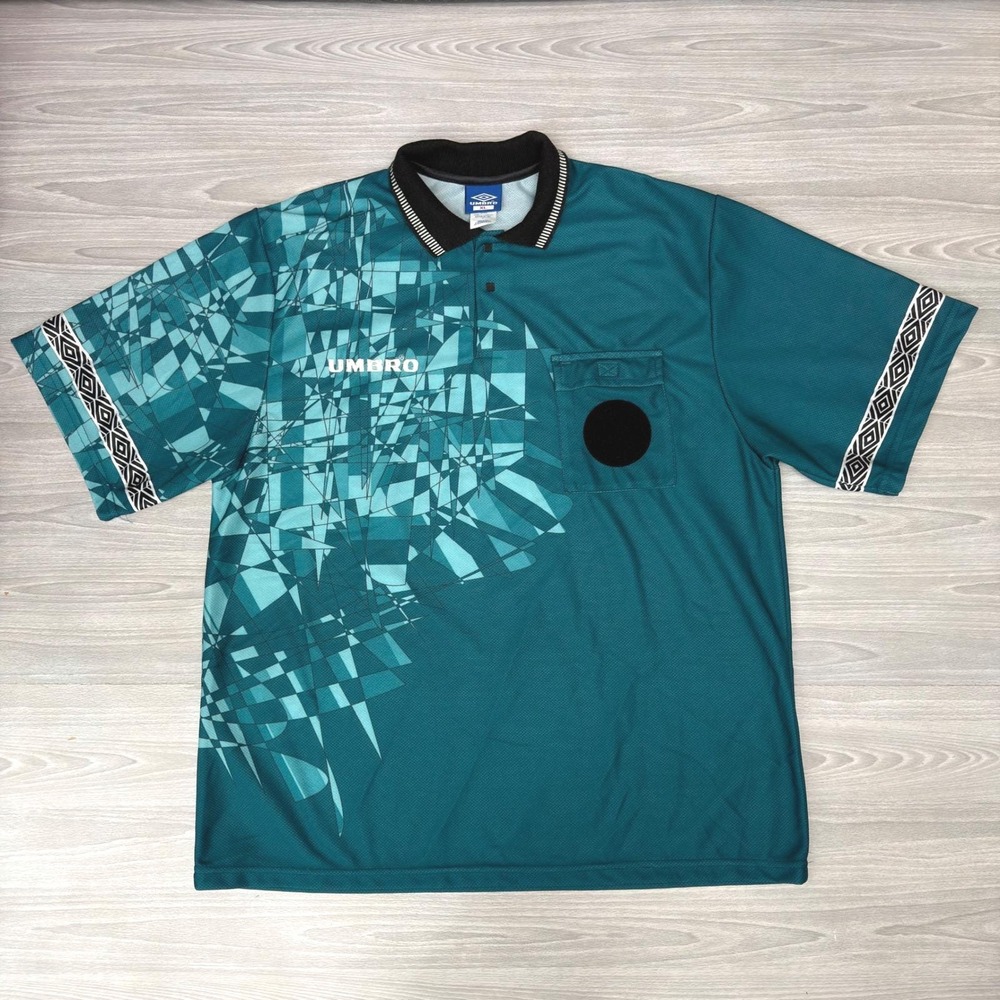 Vintage Umbro Soccer Referee Jersey Teal Geometric Abstract Pattern Mens XL USA